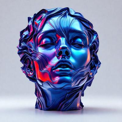 The primary subject of the image is a blue, metallic sculpture of a human head. The setting is a white background, which provides a clean and minimalist appearance. The visual style is a combination of digital art and illustration, creating a unique and artistic representation of the human head. The dominant colors are blue and red, which add a sense of depth and contrast to the image. Overall, the sculpture exudes a modern and futuristic vibe.